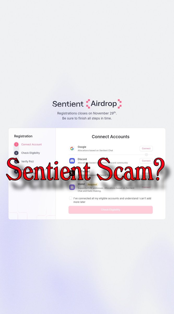 many users are complaining about <a href="/SentientAGI/">Sentient</a> scam?

this is clearly fud from them till now they didn't did anything related scam

sentient checker is live who eligible?

> dc role holders (fair)
> yappers (fair)
> sentient beta chat users (fair)

Not eligible?

> galxe users
>