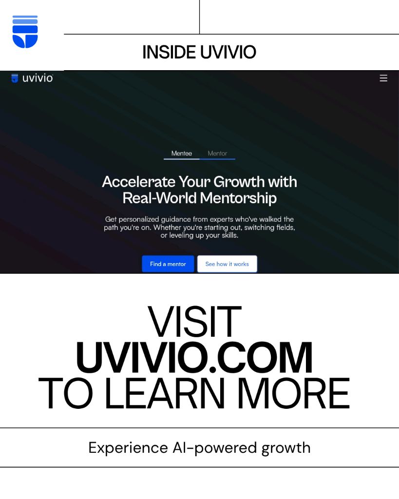 joinuvivio's tweet image. 🚀 Inside Uvivio: AI is transforming learning &amp;amp; mentorship!

Personalized learning, expert guidance, and mentor connections—all powered by AI. Are you maximizing your growth potential?

Join today 👉 uvivio.com

#Uvivio 
#AIinLearning 
#Mentorship 
#CareerGrowth