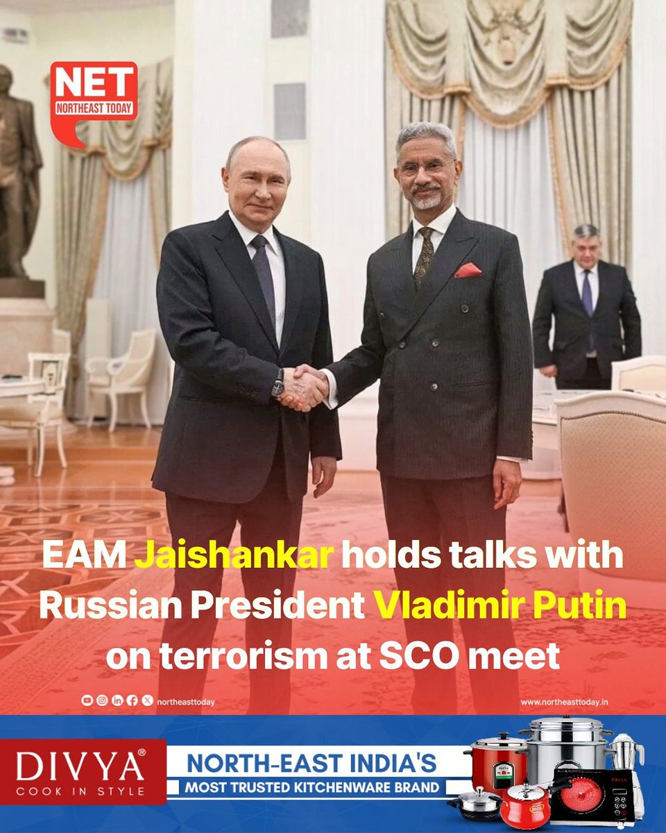 NortheastToday's tweet image. #NetSnippet | External Affairs Minister S. Jaishankar met Russian President Vladimir Putin on Tuesday during the 24th Shanghai Cooperation Organisation (SCO) Council of Heads of Government meeting. The summit was attended by leaders from SCO member states, including India, China,…