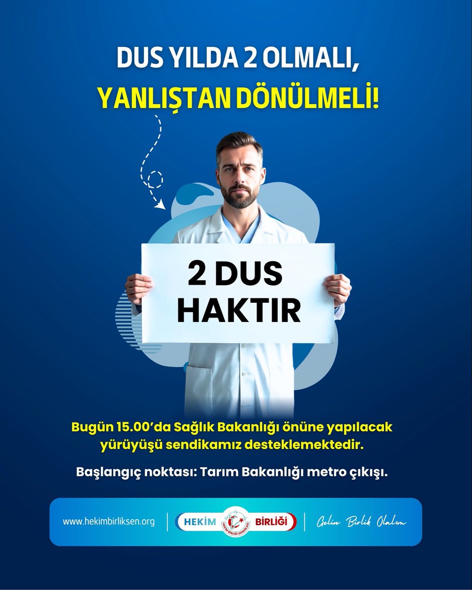 hekim_birligi's tweet photo. DUS Yılda İki Olmalı, Yanlıştan Dönülmeli!

Bugün 15.00’da Sağlık Bakanlığı önüne yapılacak yürüyüşü sendikamız desteklemektedir.

Başlangıç noktası: Tarım Bakanlığı metro çıkışı.

DUS mağduriyetlerine karşı birlikteyiz. Haklarımız için yan yana durmaya devam ediyoruz.

Destek veriyoruz, birlikte kazanacağız!

@saglikbakanligi @drmemisoglu 
#GelinBirlikOlalım