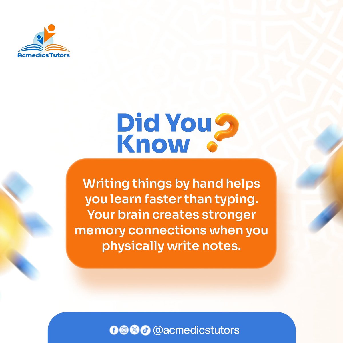 AcmedicsHomes's tweet image. Want an easy learning hack? 🤔

Did You Know writing things out physically boosts your memory more than typing does? Maximize your learning potential!

#AcmedicsTutors #LearningHacks #MemoryBoost