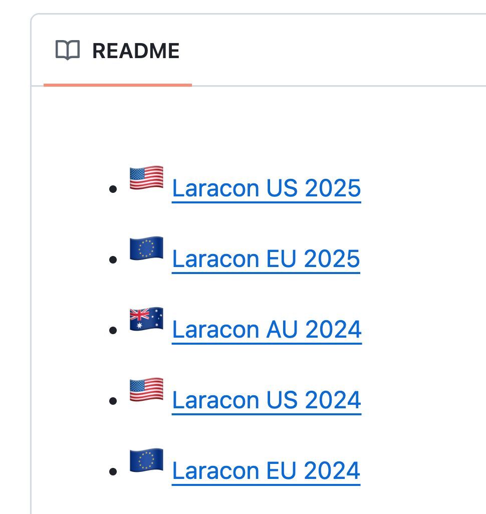 DvDty/laracon-recordings: Laracon の録画は YouTube の複数のチャンネルに分割されていますが、このリストはチャンネル間を移動するのに役立ちます。

 https://t.co/hrOuDOUuF4