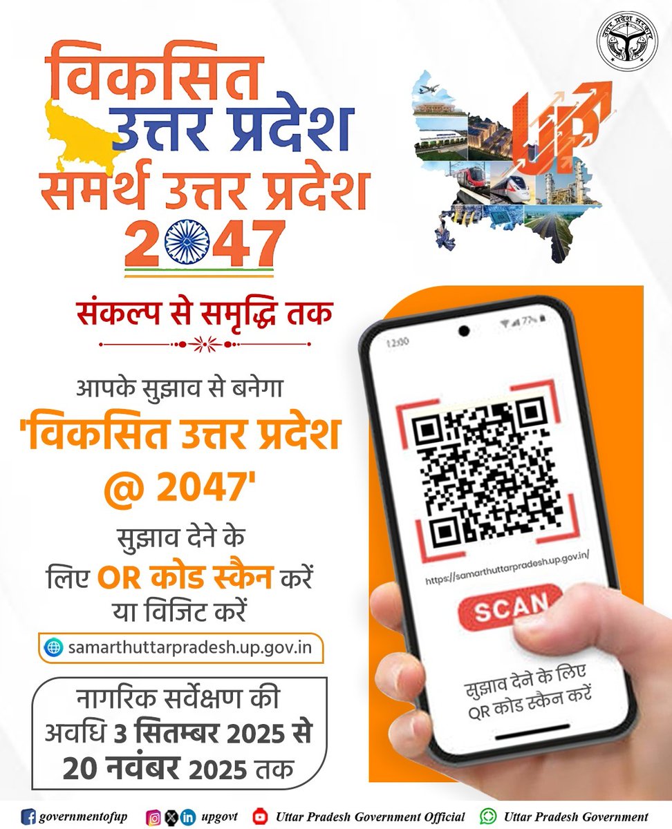 UPGovt's tweet image. 🎯 &apos;विकसित उत्तर प्रदेश @ 2047&apos; 🎯

#UPCM श्री @myogiadityanath जी के विजन &apos;विकसित उत्तर प्रदेश&apos; के संकल्प की पूर्ति के लिए प्रदेशवासी &apos;समर्थ उत्तर प्रदेश&apos; पोर्टल पर लगातार सुझाव दे रहे हैं।

📝 आइए, हम सब मिलकर अपने विचारों एवं सुझावों से एक सशक्त, आत्मनिर्भर और समृद्ध &apos;नए उत्तर…