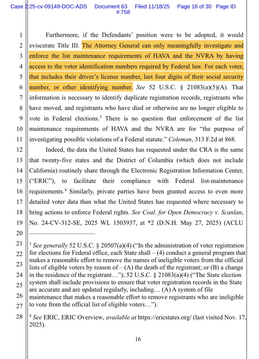 Shilohmarx's tweet image. 🚨U.S. Department of Justice:
Filed brief in ongoing lawsuit seeking access to California’s statewide voter roll—@AAGDhillon and @CivilRights are asking for every voter’s driver’s license number, last four digits of Social Security number, or other identifying number.

This will…