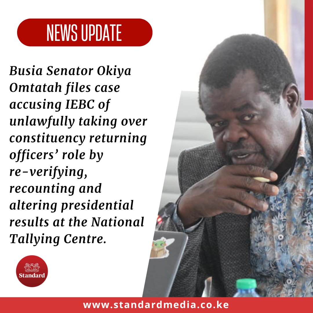 StandardKenya's tweet image. Busia Senator Okiya Omtatah files case accusing IEBC of unlawfully taking over constituency returning officers’ role by re-verifying, recounting and altering presidential results at the National Tallying Centre.