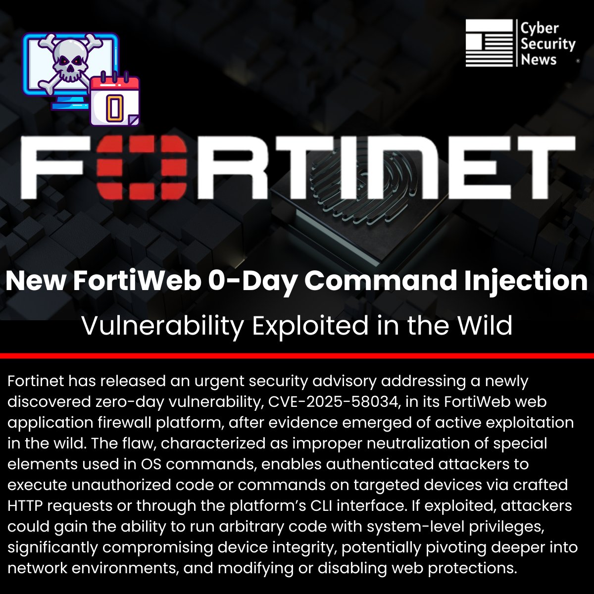 gbhackers_news's tweet image. 🚨 New FortiWeb 0-Day Command Injection Vulnerability Exploited in the Wild

Source: cybersecuritynews.com/fortiweb-0-day…

#cybersecuritynews #vulnerability