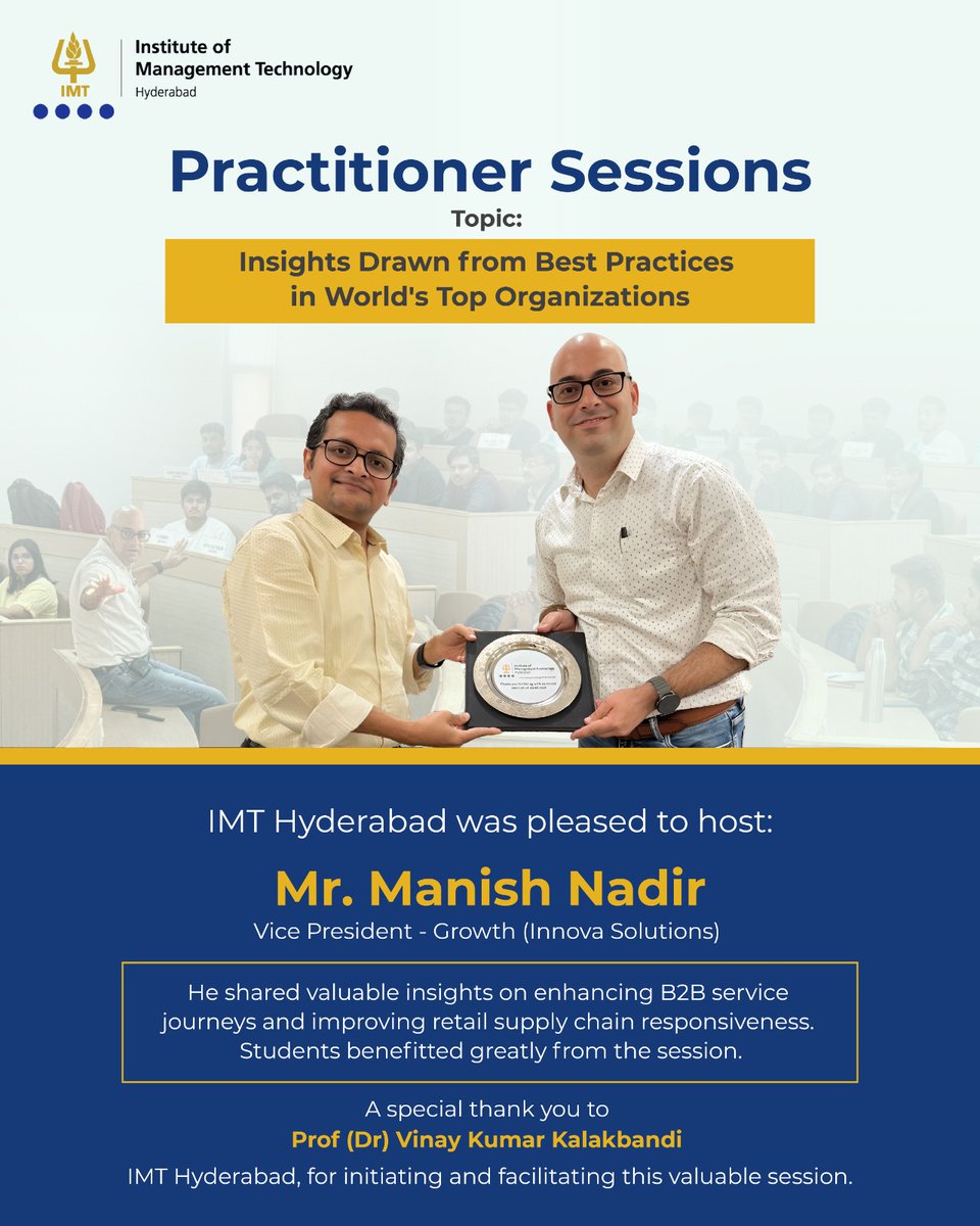 imthyd's tweet image. IMT Hyderabad hosted Mr. Manish Nadir, VP–Growth, Innova Solutions, sharing insights on B2B services &amp;amp; retail supply chains.
Thanks to Prof (Dr) Vinay Kumar Kalakbandi.

#IMTHyderabad #RetailSupplyChain #ServiceOperations #B2BServices #InnovaSolutions #ManagementEducation