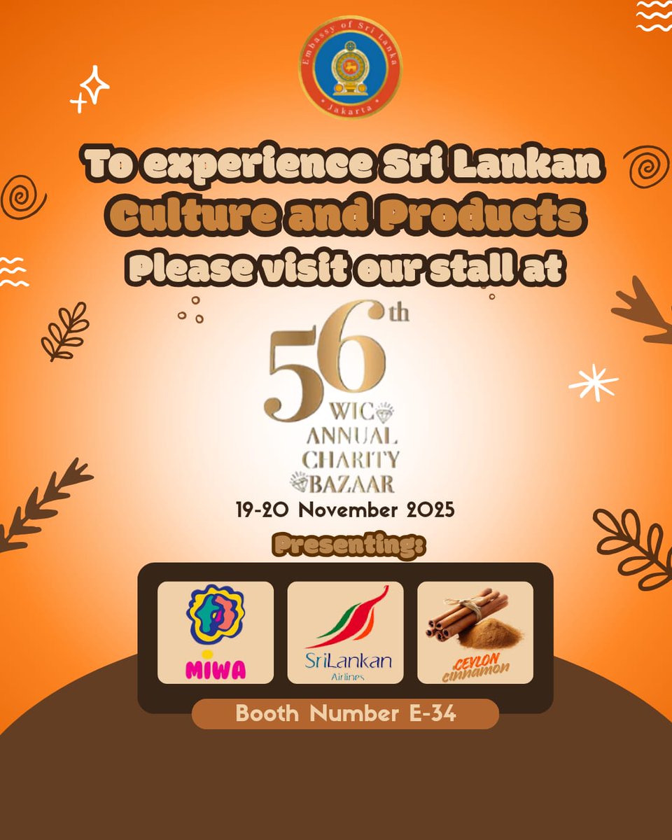 ✨ Join us at the 56th WIC Annual Charity Bazaar on November 19-20, 2025! ✨

Discover the elegance of Sri Lankan culture and the authentic flavors of Ceylon Cinnamon—all at Booth E-34.

Don’t miss out on exclusive offers, authentic products, and a taste of Sri Lanka!