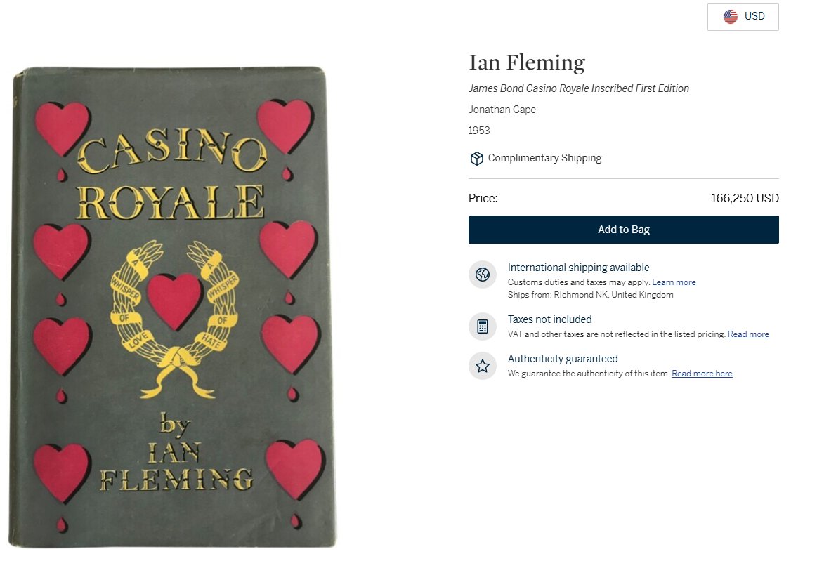 meleklerinpayi's tweet image. Sotheby&apos;s&apos;de müthiş bir kitap müzayedesi var yine. Alabileceğimden değil ama incelemek müthiş zevkli.
Düşünsenize yıl 1953, Ian Fleming&apos;siniz. İlk romanınız Casino Royale çıkıyor, heyecanla kitabı imzalıyorsunuz. 
...Ve o anda James Bond&apos;un yüzyılın en önemli kültürel…