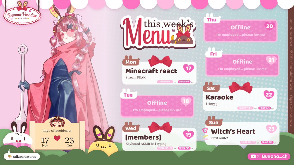 ₍ᐢ. .ᐢ₎･ ｡ﾟ💗: . SCHEDULE . :💗｡ﾟ･₍ᐢ. .ᐢ₎     

Nov 17 - 23

Almost forgot to post schedule on Twitter!!