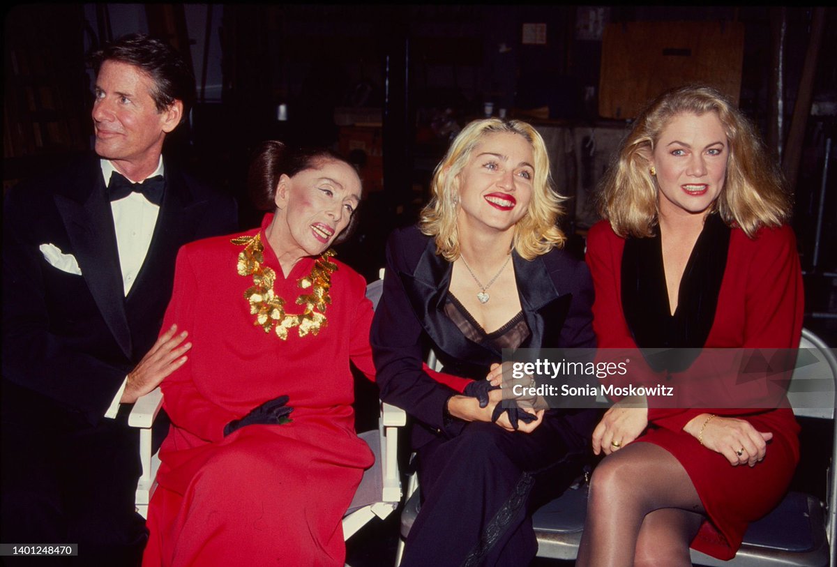 Madonna photographed with Martha Graham, Eartha Kitt, Kathleen Turner, and Calvin Klein at the premiere of Martha Graham's ballet, "Maple Leaf Rag," at the City Centre in New York City, October 2, 1990. 🌟
