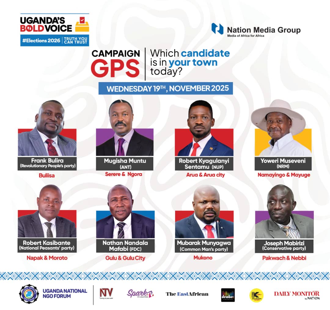 Campaign GPS: Here's where your presidential candidate will be today.

#MonitorUpdates 
#UgandaDecides2026
