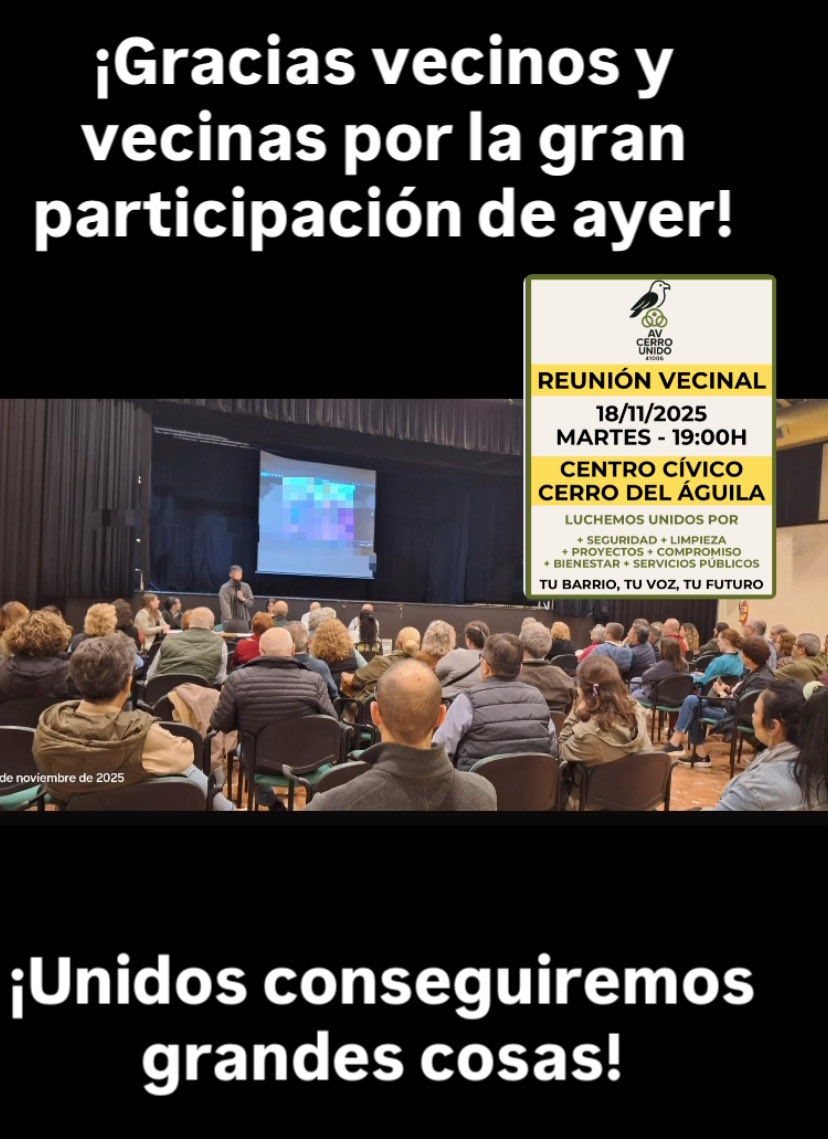 ¡Gracias, vecinos y vecinas, por la participación de ayer! La reunión fue muy enriquecedora y productiva. Es un orgullo verles luchar por el barrio <a href="/DtoCerroAmate/">Distrito Cerro-Amate (Sevilla)</a> ; su energía nos da aún más fuerza. Esto no ha hecho más que empezar. Unidos podremos conseguir grandes cosas 💪💪
