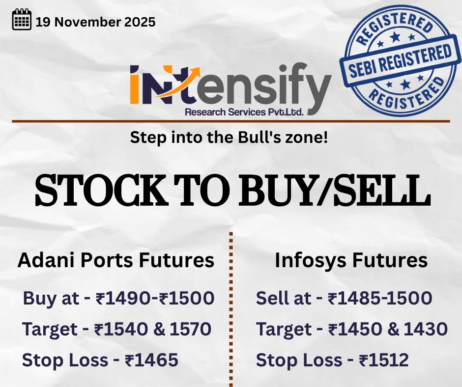 Intensifypvtltd's tweet image. Stocks to Buy/Sell
1. Adani Ports - Buy ₹1490-₹1500, Target ₹1540 &amp;amp; 1570, StopLoss ₹1465 [Futures]
2. Infosys - Sell at ₹1485-1500, Target ₹1450 &amp;amp; 1430, SL 1512 [Futures]
Get Live Target &amp;amp; SL-WhatsApp-
wa.me/8109935050?tex…

#Infosys #OptionsTrading #INTRADAY #StockMarket