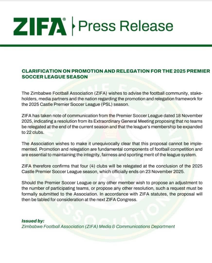 profpmoyo's tweet photo. Contradictory relegation/promotion statements issued by ZIFA &amp; PSL indicate dysfunction in Zim football ecosystem. Yesterday's statement below by ZIFA  is correct way forward. Promotion &amp; relegation of teams is the 'heart' of football competition, tension and excitement. https://t.co/jKGCU5vs5M