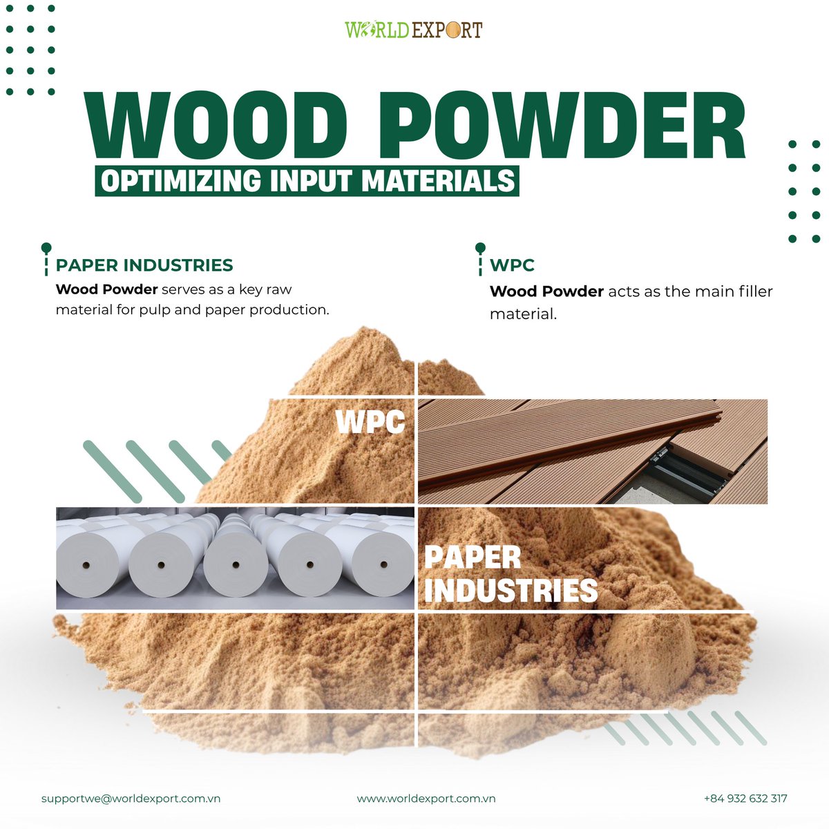 WorldExport_VN's tweet image. WPC &amp;amp; Paper demand requires stable, high-purity wood powder. Pine offers top purity for premium WPC/Paper; Mixed provides a cost-effective option for general use. Clean, screened, low-moisture supply ensures smooth production.
#WorldExport #WoodPowder #WPC #PaperIndustry