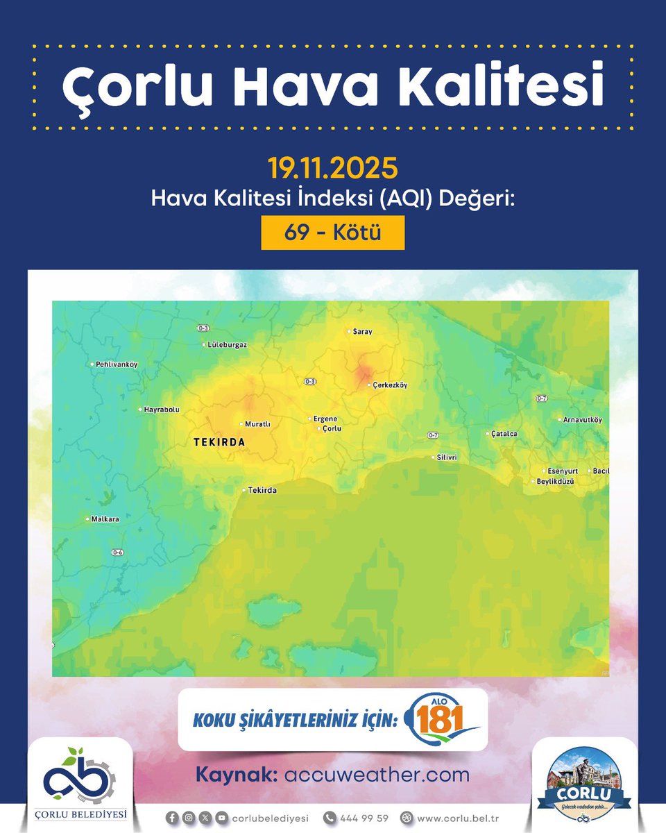 ❗️Çorlu’muzda bugün hava kalitesi 69 seviyesinde olup “kötü” kategorisindedir.

📌 Kent genelinde hissedilen kötü koku konusunda şikâyet ve bildirimlerinizi ALO 181 hattı üzerinden Çevre, Şehircilik ve İklim Değişikliği Bakanlığı’na iletebilirsiniz. 

🚨Daha temiz ve sağlıklı bir
