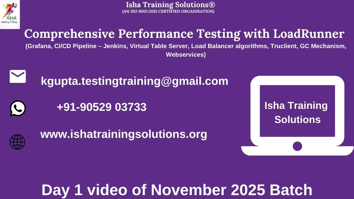 IshaKumargupta's tweet image. &quot;Comprehensive Performance Testing with LoadRunner”-Day 1 Video 
youtu.be/PDbDu3p5fxA
Enrollments are still in progress 
Regular sessions will start from: 
19th Nov @ 8:00 PM (IST)/19th Nov @ 9:30 AM(EST)/ 
Price:6,900 INR/89 USD 
Call/WhatsApp:9052903733 
#LoadRunner #Perfor