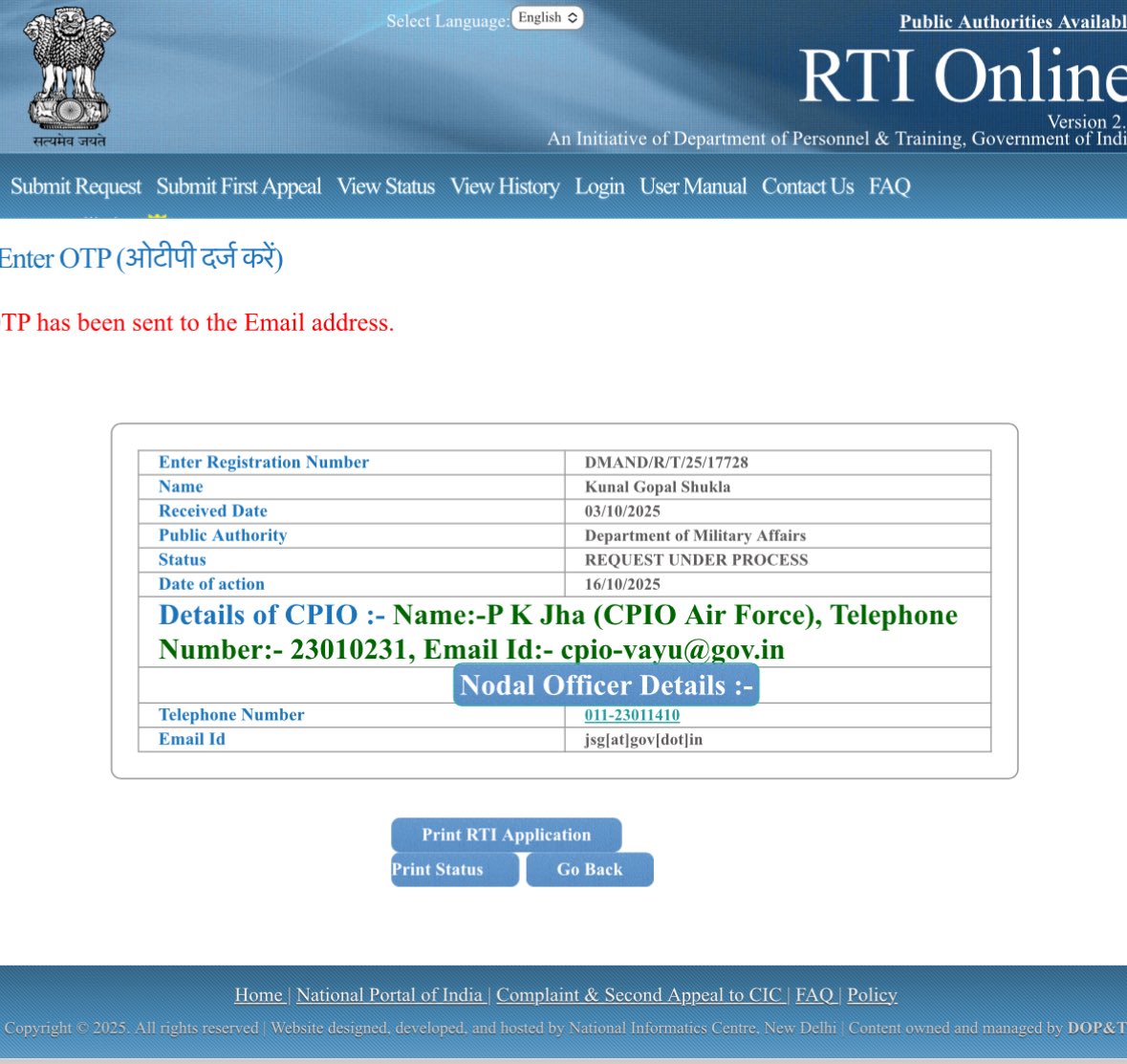 kunal492001's tweet image. डिपार्टमेंट ऑफ़ मिलेट्री अफेयर्स में मैंने आरटीआई लगा कर चार राफेल विमानों का टेल नंबर लिख के उनके बारे में सिर्फ़ यह जानकारी माँगी थी की ये लड़ाकू विमान सर्विस में हैं या नहीं हैं?

इस आरटीआई का जवाब मुझे आज तक कुछ भी नहीं दिया गया है।मैंने जनसूचना अधिकारी को इस बाबत सुबह ईमेल…