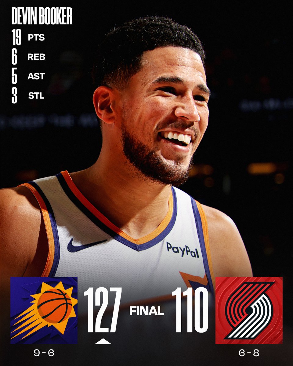 NBA's tweet image. 🏀 TUESDAY&apos;S FINAL SCORES 🏀

Devin Booker and the @Suns win in Portland!

Collin Gillespie: 19 PTS, 6 AST, 4 3PM
Shaedon Sharpe: 29 PTS