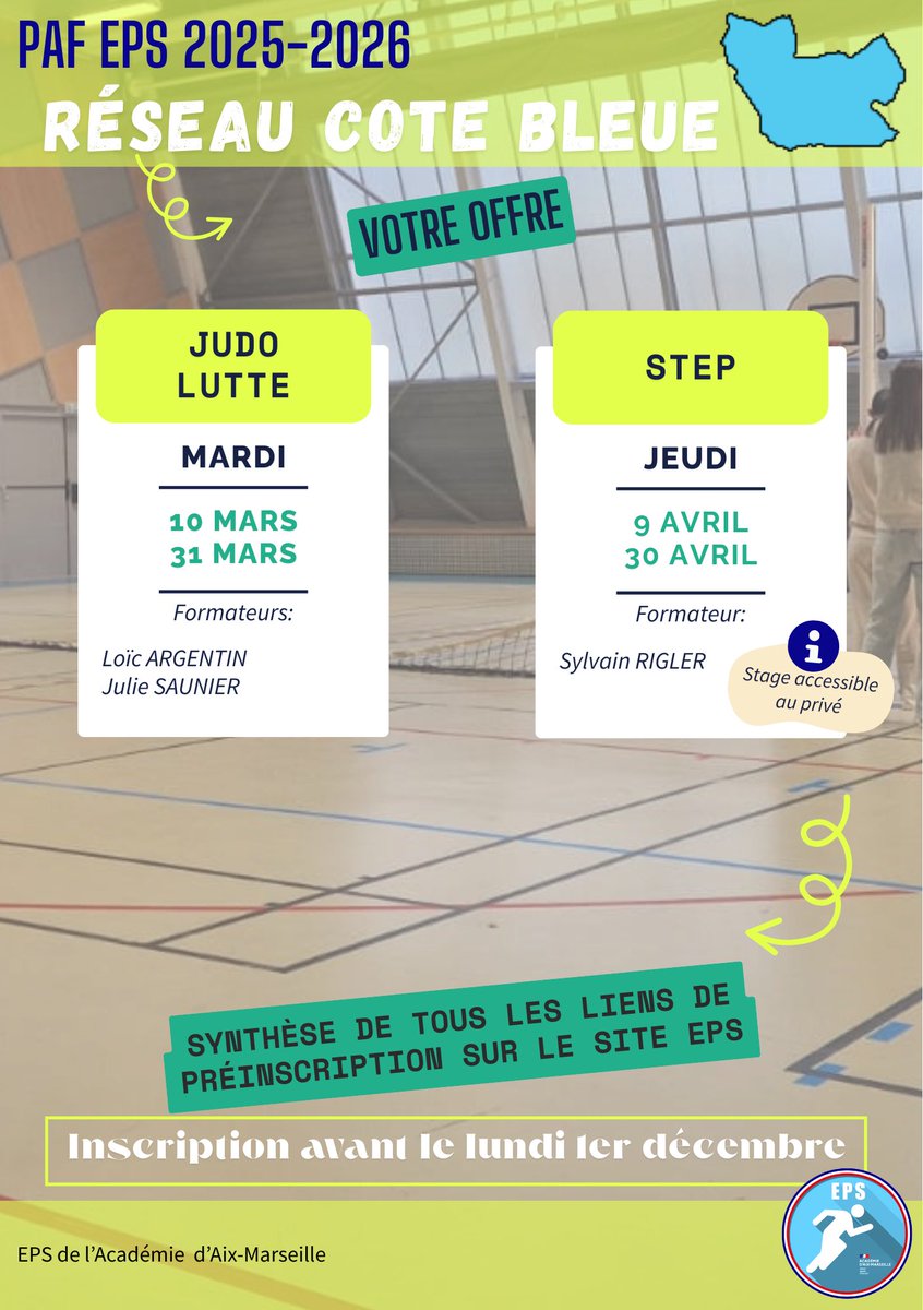 EPS_ac_aix_mars's tweet image. 📢 PAF EPS 2025/2026

👀 🔭 Zoom sur le réseau Cote bleue !

Au programme : 
🪜 Step
🥋 Judo/Lutte 

ℹ️ Inscriptions sur l’Edito FC : pedagogie.ac-aix-marseille.fr/jcms/c_1147525…