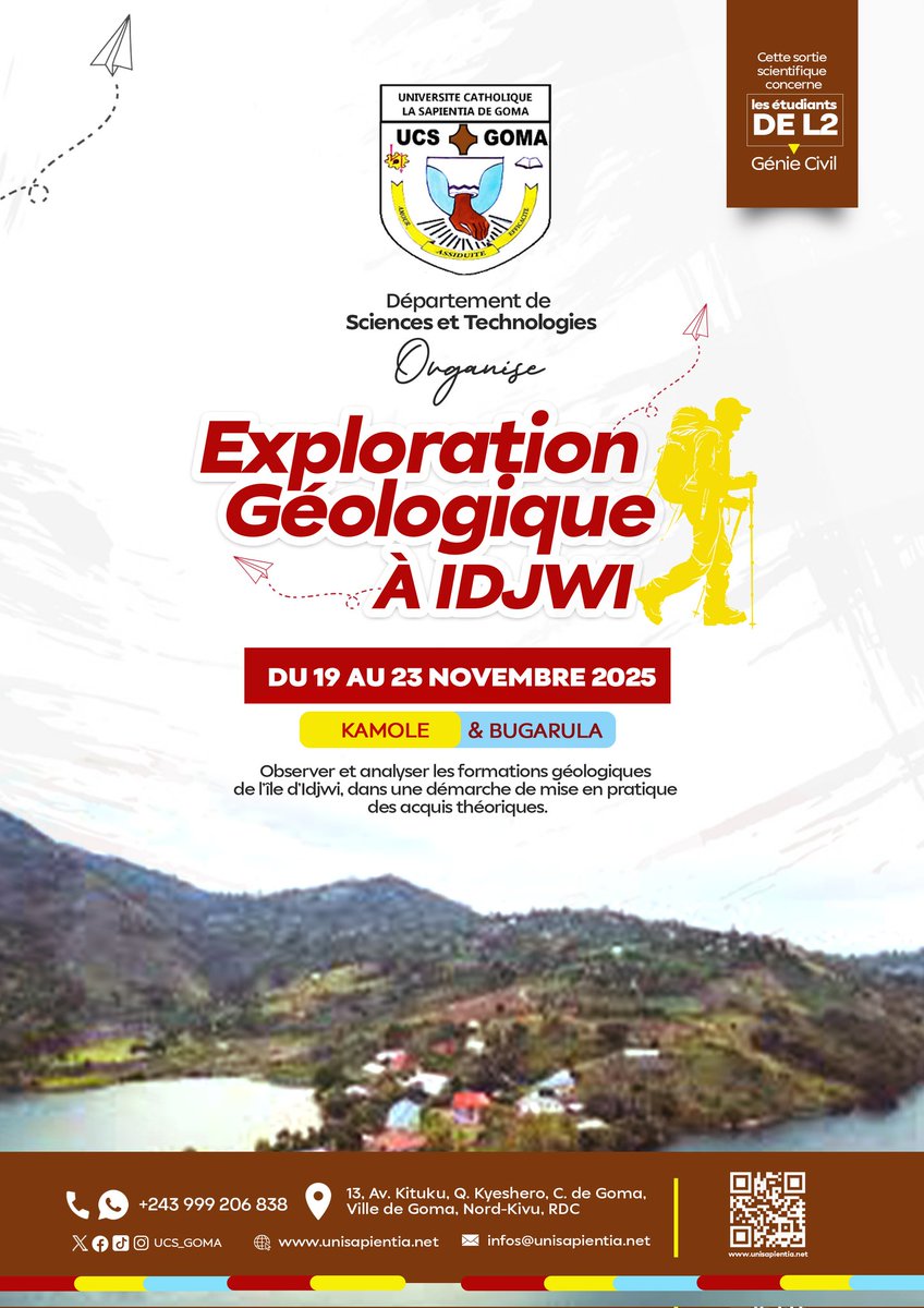 Les étudiants de 2ᵉ Licence Génie Civil s’apprêtent à vivre une immersion géologique sur l’île d’Idjwi.
Du 19 au 23 novembre, ils exploreront Kamole et Bugarula.
Une expérience de terrain essentielle pour renforcer leurs acquis et avancer dans leur parcours d’ingénieurs civils.