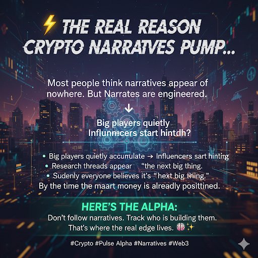 tranquilionaire's tweet image. #Pulse ⚡ The Real Reason Crypto Narratives Pump…

Most people think narratives appear out of nowhere.
But the truth?
Narratives are engineered.

Big players quietly accumulate →
Influencers start hinting →
Resea
#Crypto #Pulse #Alpha #Narratives #Web3  pulse.social/pulse/invite-f…