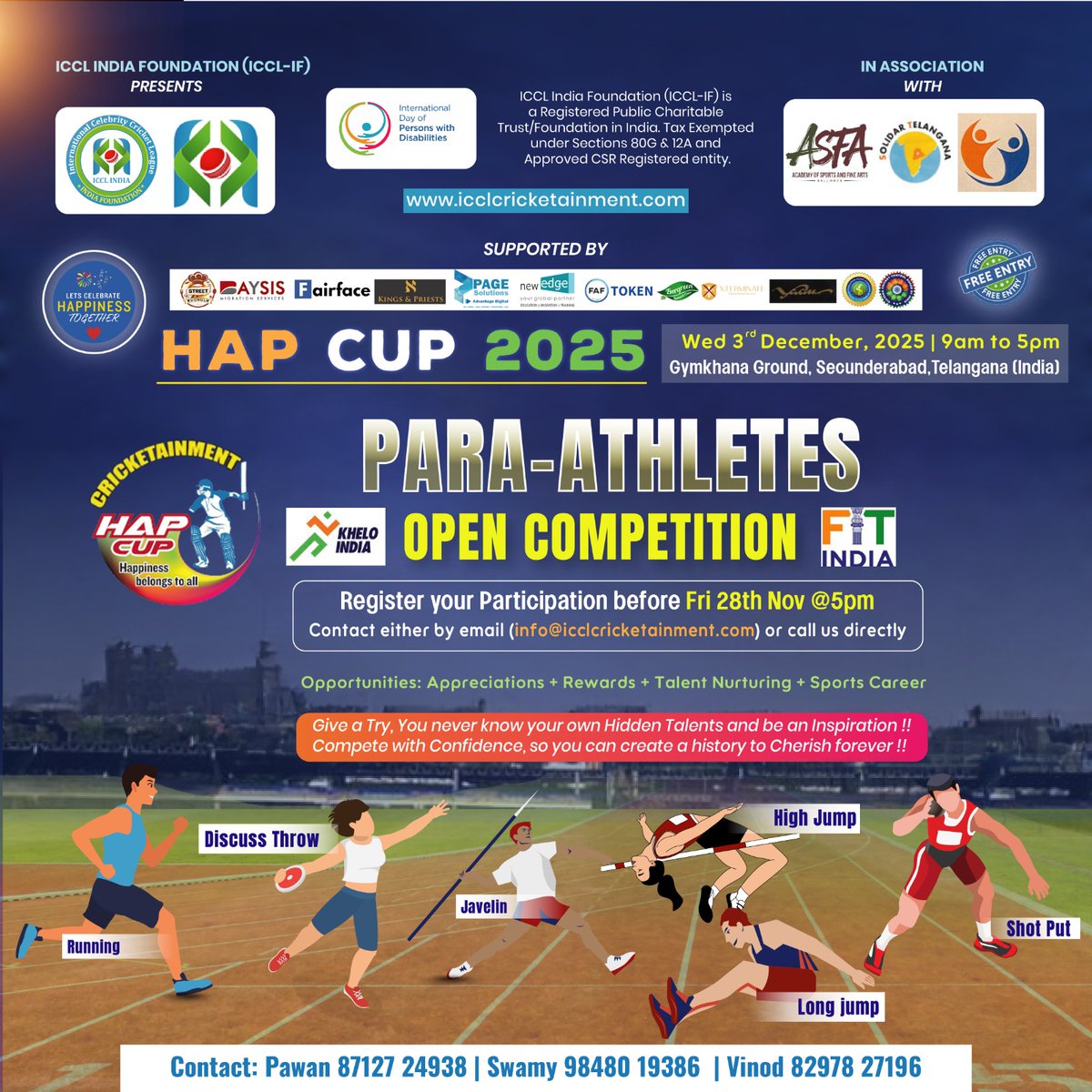 ICCLCRICKET's tweet photo. ICCL Indian Foundation (ICCL-IF) HAP CUP 2025 Tournament (FREE ENTRY) shall have Para-Athletes Open Competition to showcase their talents. Please do register your talent interest before Fri 28th Nov 2025.

Email: info@icclcricketainment.com | Contact any mobile number on poster https://t.co/r3ZbD8Jqdk