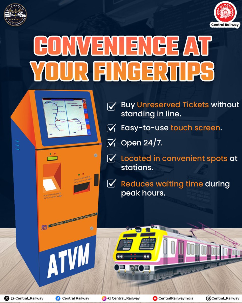Central_Railway's tweet image. Quick tickets, smooth journeys. 🚆✨
ATVMs provide an easy and instant way to get Unreserved Tickets without waiting in line.
Experience simple and convenient ticketing every time.

#CentralRailway #ATVM