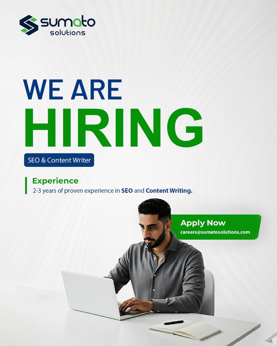 SumatoSolutions's tweet image. We’re Hiring | SEO + Content Writer

Sumato Solutions is looking for an SEO Specialist with 2–3 yrs experience. Strong in audits, optimization, keyword research, and analytics. Content writing is a plus!

📍 Lahore (On-site)
📩 careers@sumatosolutions.com

#Hiring #SEO