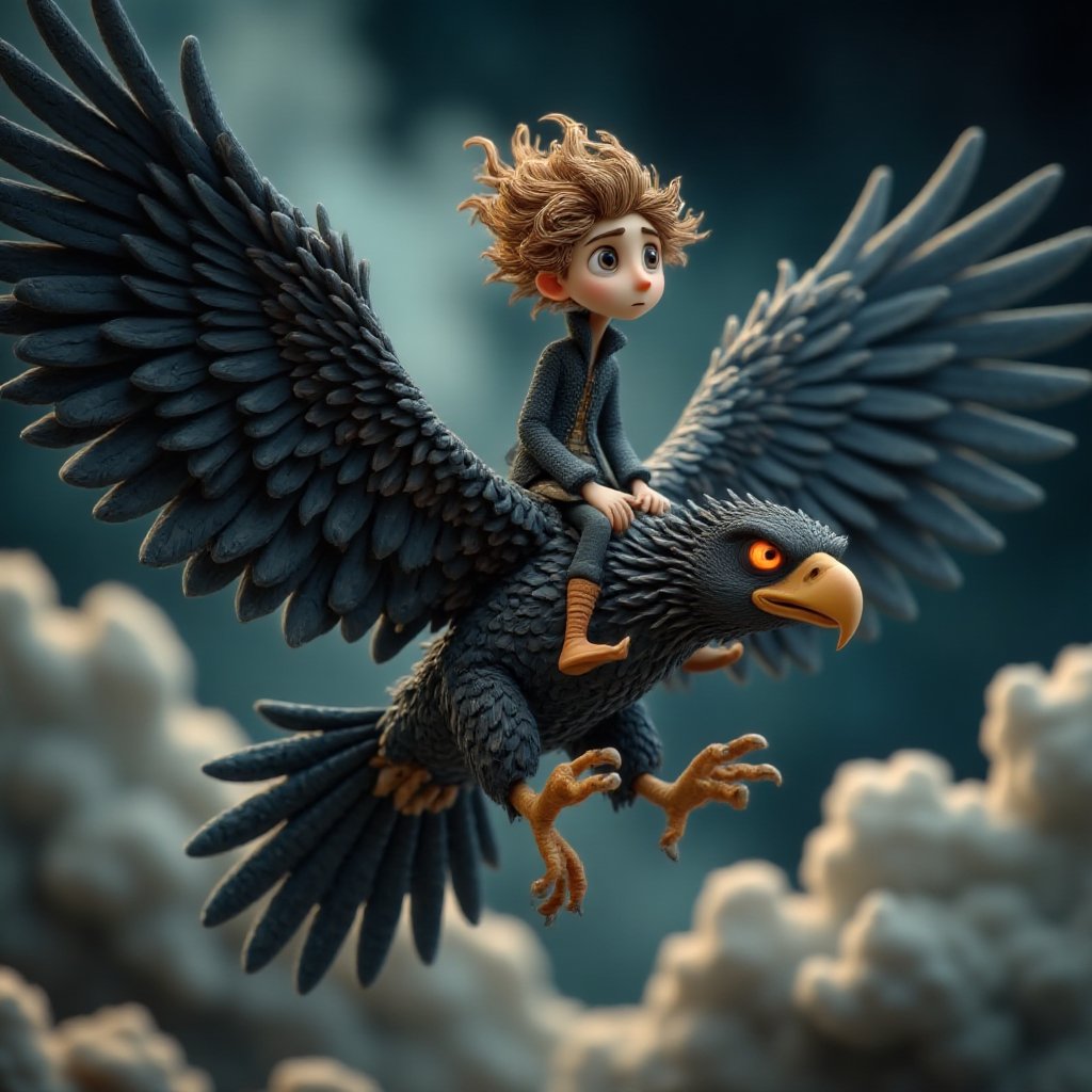 NameIsSudee's tweet image. Image Prompt ⤵️ 

Anime scene of a young boy sitting fearlessly on a huge black furious eagle, flying through dark storm clouds. The eagle has glowing red eyes, sharp metallic feathers, and a powerful wingspan. The boy’s hair and clothes flow in the wind as they charge through…