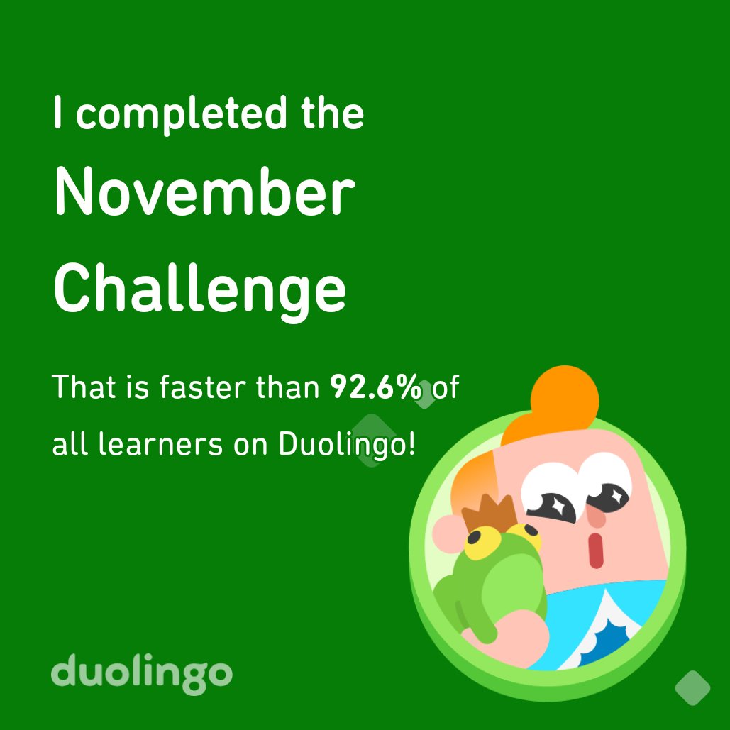 jennypgreene's tweet photo. I completed the November challenge faster than 92.6% of all learners on Duolingo! https://t.co/QpGifZUFMJ