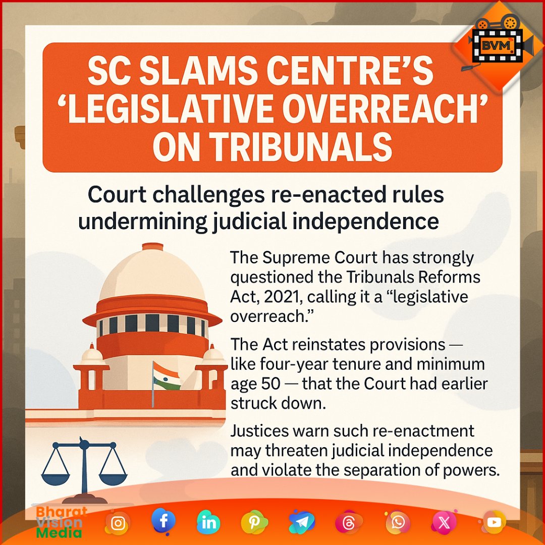 BharatVision247's tweet photo. The #SupremeCourt struck down key parts of the #TribunalReformsAct, calling the move a “legislative overwrite.” #Centre must follow MBA-4/5 norms and has three months to set up a National Tribunals Commission to cut case backlog. #BVMnews #BharatVisionMedia #India #Law https://t.co/JBcegIb0qc