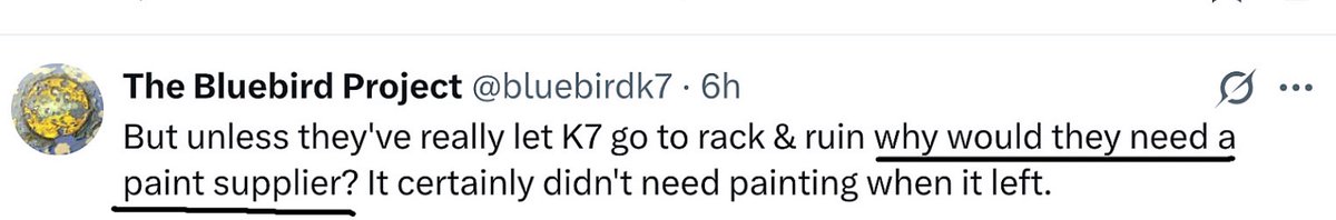 tony_t70971's tweet image. Why would the Ruskin Museum need a paint supplier?
Because the paintwork is deteriorating, Bill said so himself back in July this year.
Once again Smith saying what suits ‘the moment’ comes back to bite him.
#BluebirdK7
#dontbelievethesmith
#DBTS