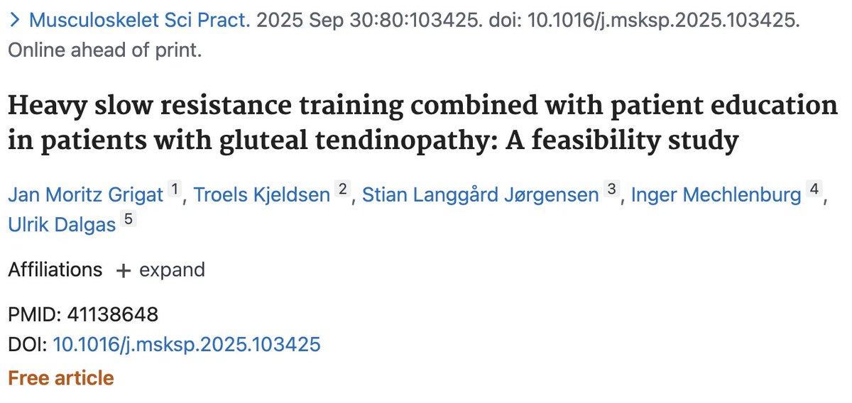 🧠 EDUCACIÓN EN DOLOR Y HSR EN TENDINOPATÍA GLÚTEA

🏋 Recientemente se ha publicado un estudio piloto que evalúa la factibilidad, seguridad y tolerancia de un plan de entrenamiento de resistencia lenta y pesada (HSR) combinado con educación en personas con tendinopatía glútea.