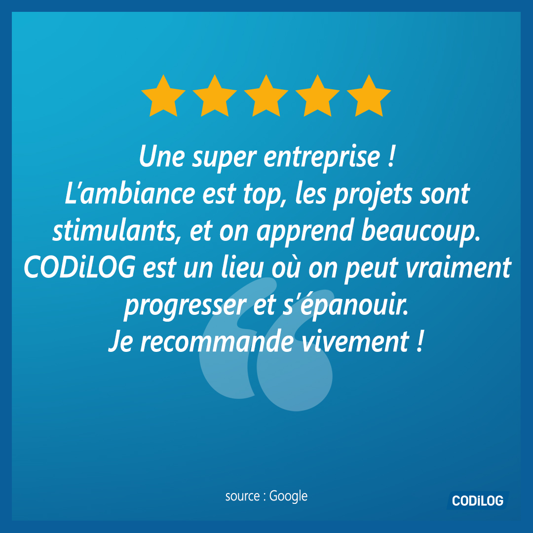 CODiLOG's tweet image. [A vous la parole] « Une super entreprise ! L’ambiance est top, les projets sont stimulants, &amp;amp; on apprend beaucoup. CODiLOG est un lieu où on peut vraiment progresser et s’épanouir. Je recommande vivement !. »  #avis #satisfaction #temoignage #stars #teamspirit #mind #mood #merci