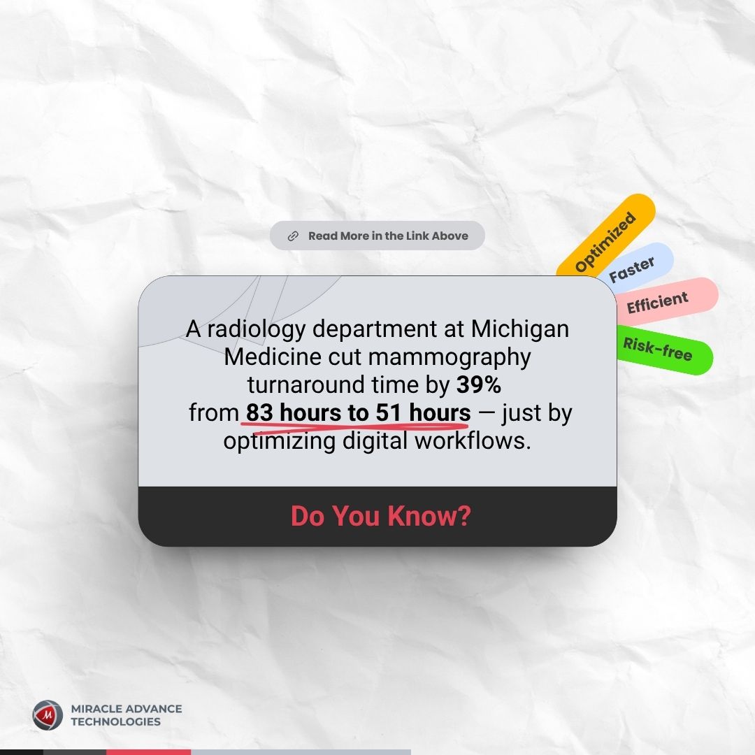 miracleadvance's tweet image. 39% faster mammography turnaround- just by optimizing digital digital workflow. 

Want to know how?
𝗥𝗲𝗮𝗱 𝗳𝘂𝗹𝗹 𝗶𝗻𝘀𝗶𝗴𝗵𝘁: mat.cyou/XvZEW

#RadiologyWorkflow #MedicalImaging #HealthcareInnovation #DigitalHealth #FasterDiagnostics #MiracleAdvanceTechnologies