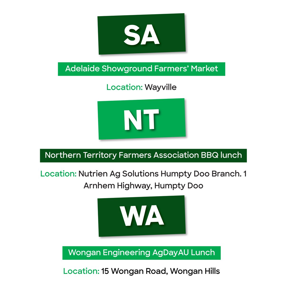 Still finalising your Ag Day plans? We’ve got you covered.

From seedling giveaways to farm tours, nation-wide meditations to entire towns turning green, public events are blooming all over the country this Friday. 🌱🎉

Get involved and show your support for Aussie agriculture!