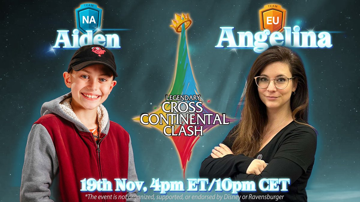 Our second game of the day will be a very special one. We have Aiden vs Angelina. Links to streams at lccc.live

<a href="/Artabax_Lorcana/">RHS_Artabax</a>  had to step down due to personal reasons, and Angelina is joining team EU in his place.