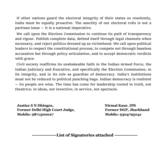 📝 272 eminent citizens - including 16 judges, 123 retired bureaucrats &amp; 133 ex-armed forces officers- pen an open letter condemning attacks on the Election Commission by the LoP &amp; Congress.

They warn: India’s democracy is under assault not by force, but by venomous rhetoric