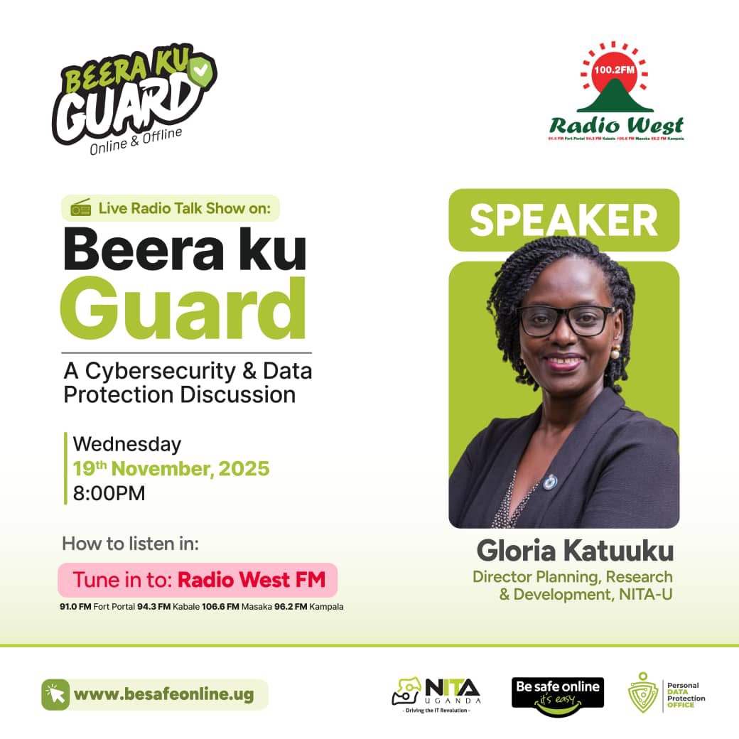 pdpoUG's tweet image. Ankole, are you ready? 🔥

The #BeeraKuGuard campaign is heading your way!
Catch us today at 8:00 PM on Radio West as we unpack real, relatable conversations on how to stay safe online and protect your personal data.

#PersonalDataisPrivate #BeeraKuGuard