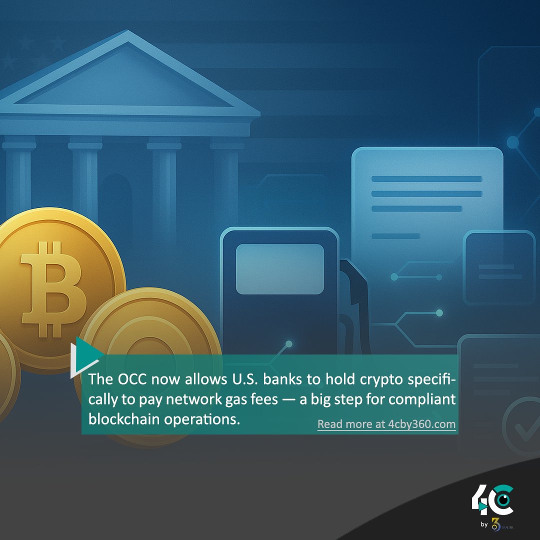 🏦 A milestone for crypto-banking integration. The OCC now allows U.S. banks  to hold crypto specifically to pay network gas fees. #OCC #USBanks  #CryptoRegulation #GasFees #BlockchainAdoption #FinTech #DeFiIntegration  #CryptoPolicy #DigitalAssets ...