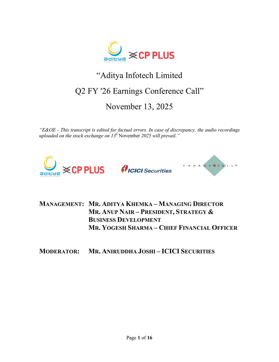 _Investor_Feed_'s tweet image. Aditya Infotech’s Growth Surge: Capacity Expansion, AI Tech &amp;amp; Strong FY26 Guidance 📈🔍 | MCap 19,874.97 Cr

- Q2 FY26 revenue at ₹919.6 crores, up 37.5% YoY; H1 revenue at ₹1,660 crores (+27% YoY).
- EBITDA surged 157% to ₹111.1 crores (12% margin); PAT up 239% to ~₹70…