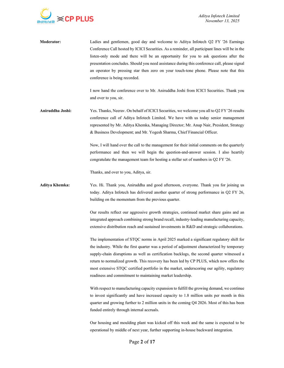 _Investor_Feed_'s tweet image. Aditya Infotech’s Growth Surge: Capacity Expansion, AI Tech &amp;amp; Strong FY26 Guidance 📈🔍 | MCap 19,874.97 Cr

- Q2 FY26 revenue at ₹919.6 crores, up 37.5% YoY; H1 revenue at ₹1,660 crores (+27% YoY).
- EBITDA surged 157% to ₹111.1 crores (12% margin); PAT up 239% to ~₹70…