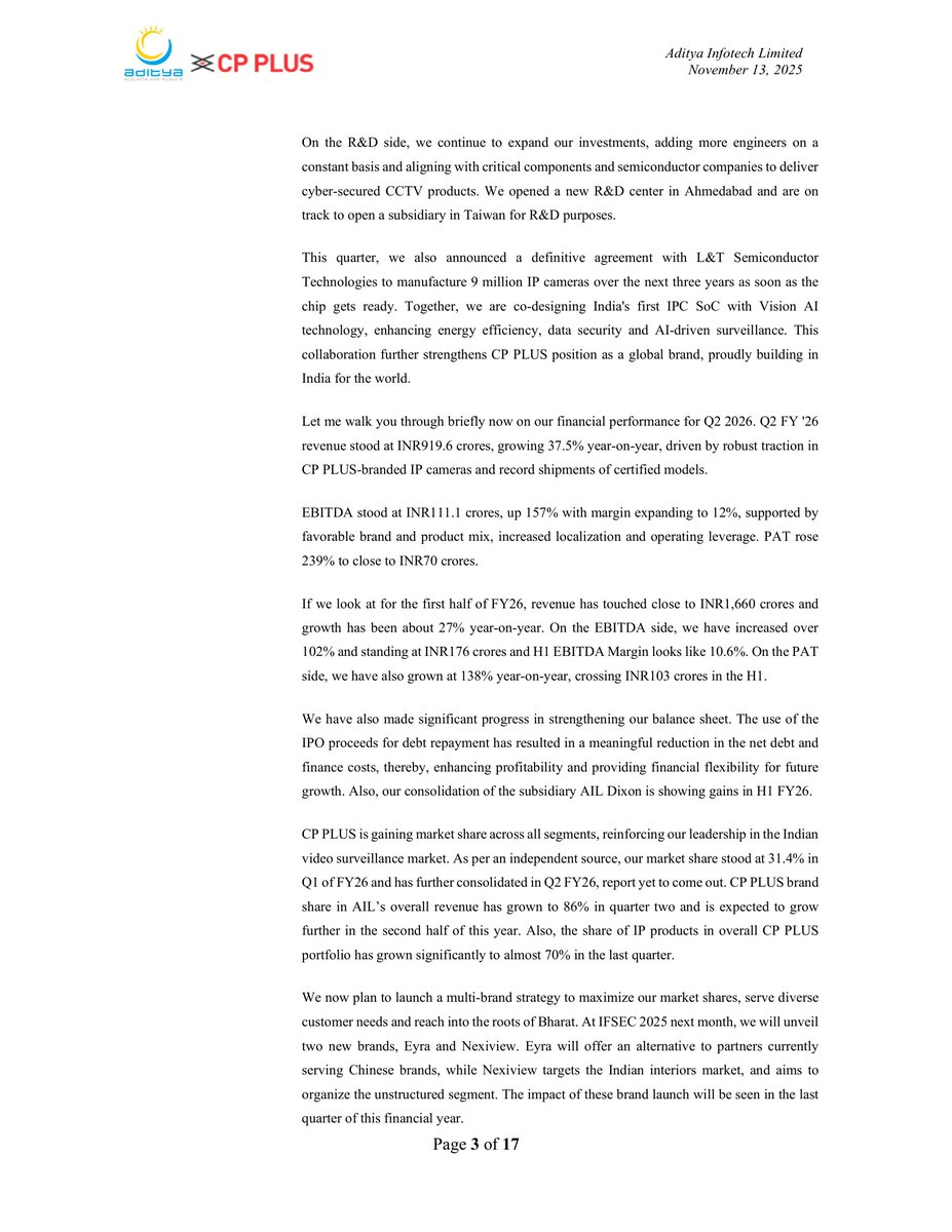 _Investor_Feed_'s tweet image. Aditya Infotech’s Growth Surge: Capacity Expansion, AI Tech &amp;amp; Strong FY26 Guidance 📈🔍 | MCap 19,874.97 Cr

- Q2 FY26 revenue at ₹919.6 crores, up 37.5% YoY; H1 revenue at ₹1,660 crores (+27% YoY).
- EBITDA surged 157% to ₹111.1 crores (12% margin); PAT up 239% to ~₹70…