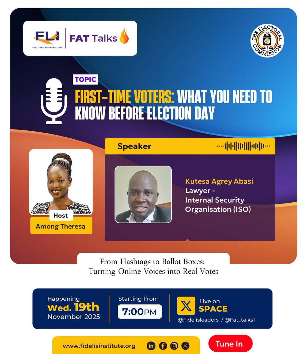Fat_talks1's tweet image. 🔥 FIRST-TIME VOTERS: WHAT YOU NEED TO KNOW BEFORE ELECTION DAY

Join us today on the #FATTalks as we unpacking what every first-time voter must understand before stepping into the polling station.

📅 Nov 19, 2025
🕖 7:00 PM EAT
🎙️ Live on X 👉 x.com/Fat_talks1/sta…