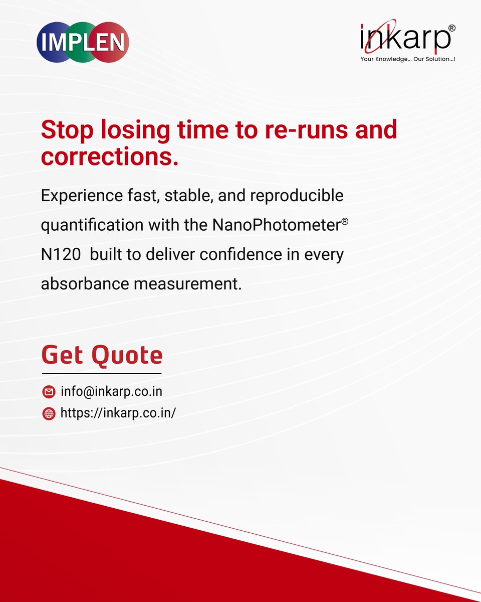 inkarpindia's tweet image. Ever had results that should be perfect, but the readings don’t match?

Baseline shifts ⚡
Dilutions fail ⚠️ 
Samples disappear💧

Meet the NanoPhotometer® N120 12 samples at once, full-scan accuracy, zero drift, and just 1 µL needed.

#NanoPhotometerN120 #Microvolume #implen