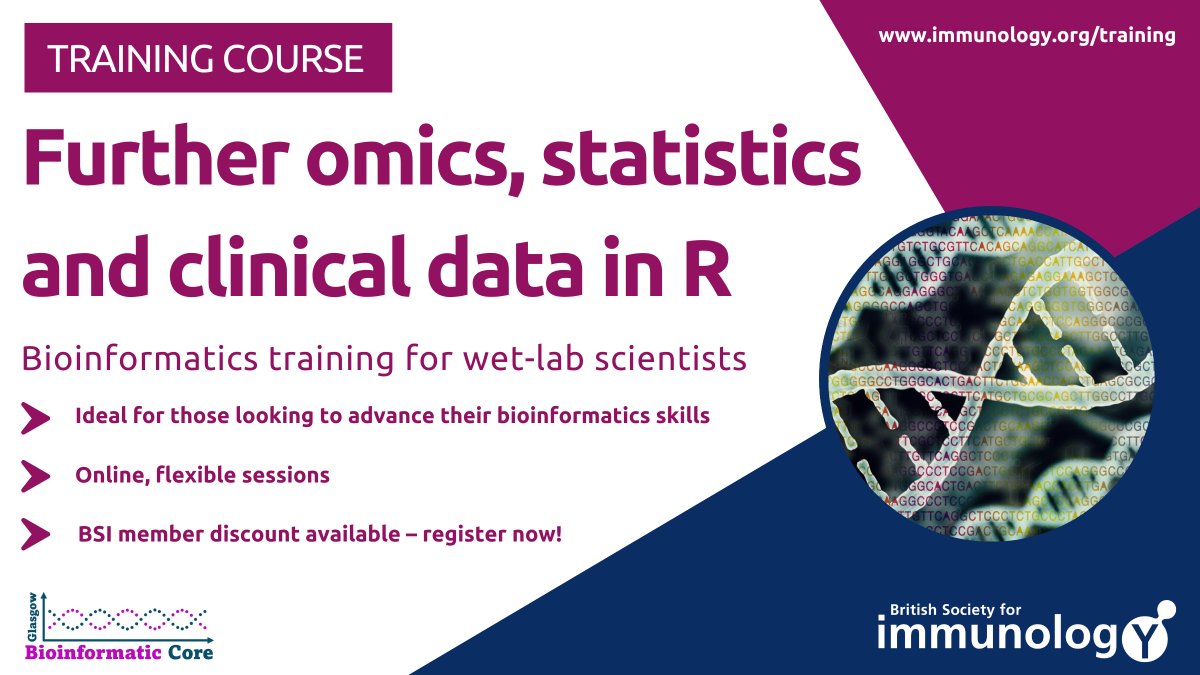 britsocimm's tweet image. Sign up to our online #bioinformatics course to:

🔸Gain expert statistical analysis &amp;amp; #R skills
🔸Explore #omic datasets with many experimental groups &amp;amp; #ClinicalData in R
🔸Work on #proteomics, bulk RNA-seq &amp;amp; #GeoMx

Book onto the Feb 2026 course now: bit.ly/47kXFaC
