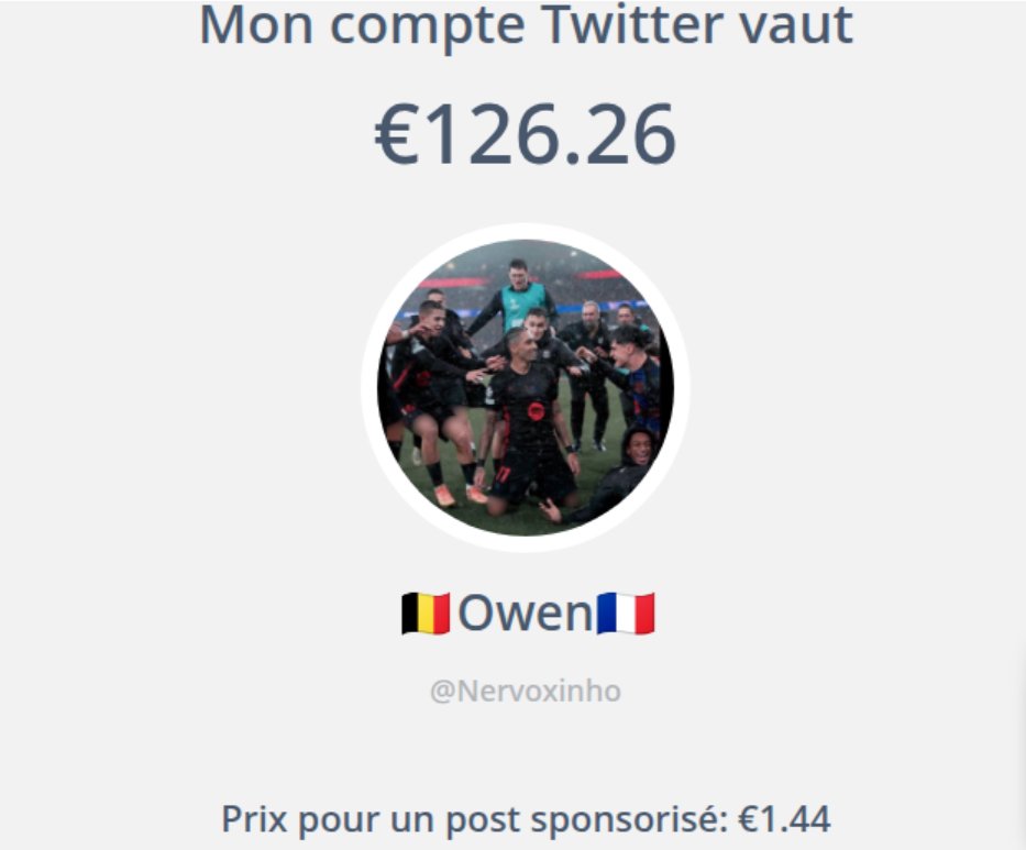 Mon compte twitter vaux 126.6 euros 
Si des gens veulent des pubs sponsoriser le prix est de 1,44 euros