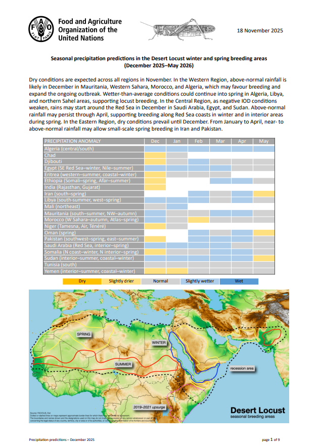 FAOPlants's tweet photo. ℹ️Seasonal precipitation predictions: December 2025 – May 2025

➡️Dry conditions are expected across all regions in November.

➡️Western Region: Above-normal rainfall is likely in December in Mauritania, Western Sahara, Morocco, &amp; Algeria.

https://t.co/MmirTHnOBF 

#DesertLocust https://t.co/Nihpr4Bo6G